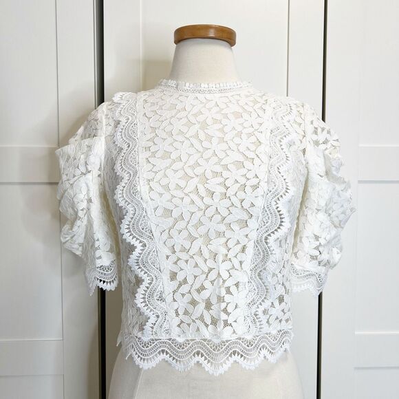 Milly Womens White Floral Lace Round Neck Lined Puff Sleeve Felicity Top Size 2 - Picture 1 of 5